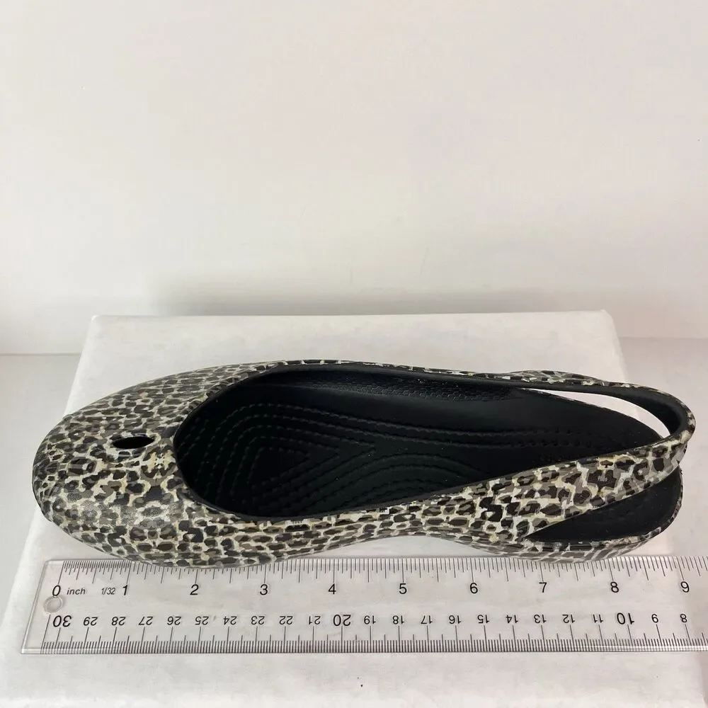 Crocs Women Leopard Print Slip On Flats Coastal Grandma Shoes Size W5 Black Gray